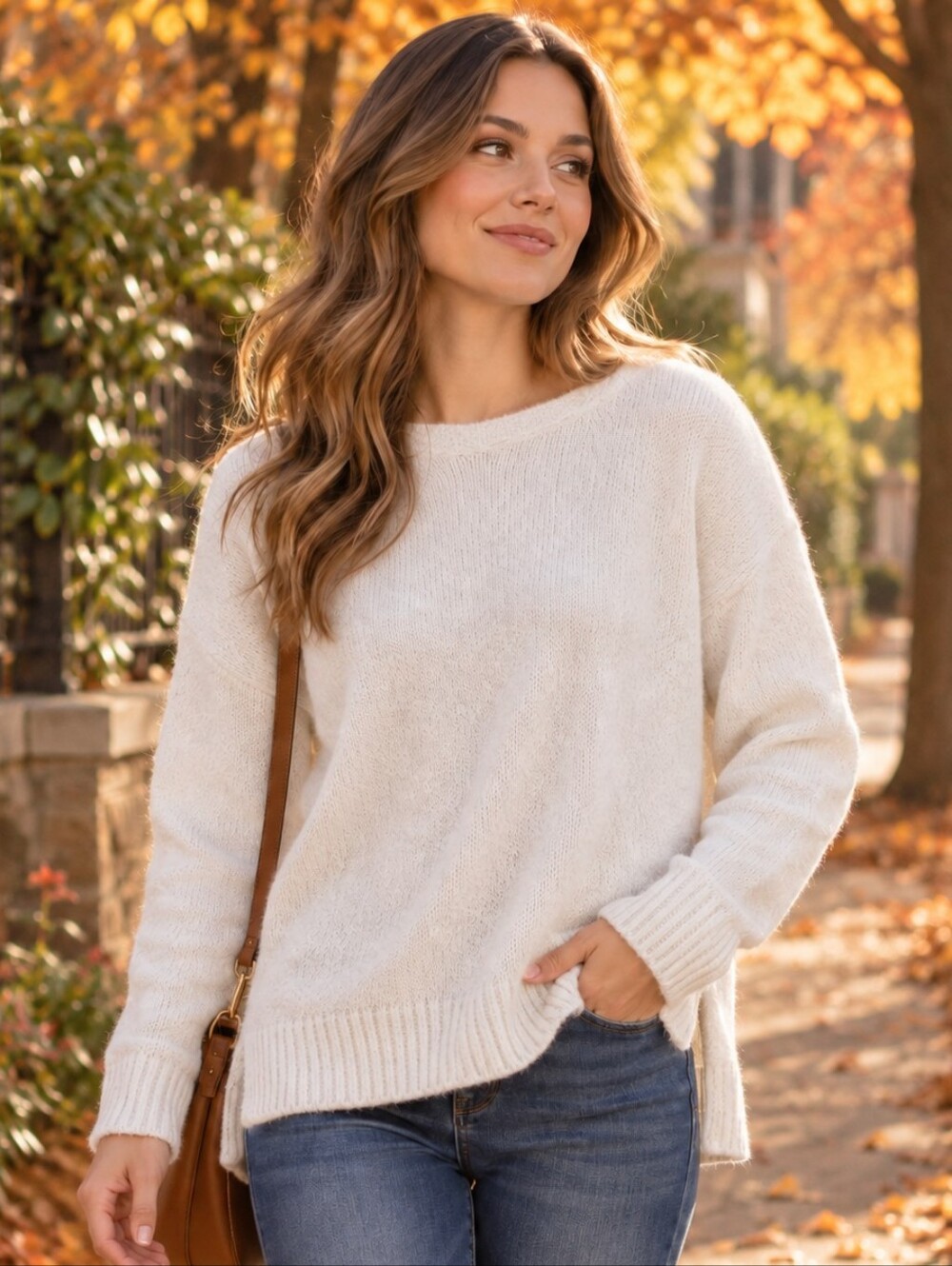 debut Cream Crewneck Textured Knit Sweater